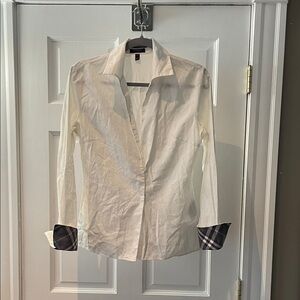 Burberry White Button-Up Shirt with  Burberry Plaid Cuffs